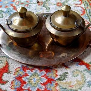 BRASS cream & sugar set w tray